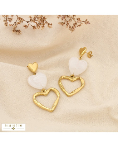 Boucles d’oreilles pendantes acier inoxydable trois cœurs cascade résine ANISSA blanc