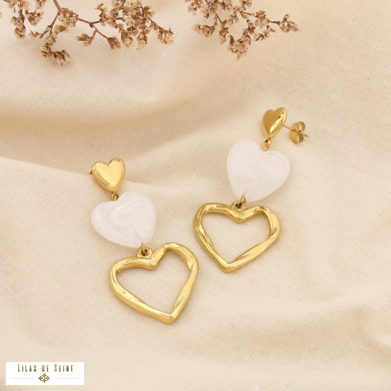 Boucles d’oreilles pendantes acier inoxydable trois cœurs cascade résine ANISSA blanc
