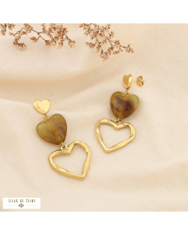 Boucles d’oreilles pendantes acier inoxydable trois cœurs cascade résine ANISSA taupe