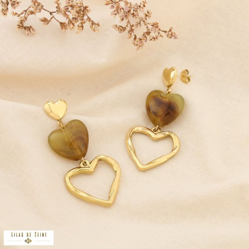 Boucles d’oreilles pendantes acier inoxydable trois cœurs cascade résine ANISSA taupe