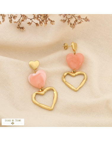 Boucles d’oreilles pendantes acier inoxydable trois cœurs cascade résine ANISSA rouge corail