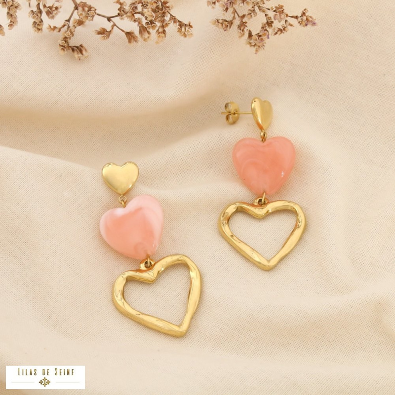 Boucles d’oreilles pendantes acier inoxydable trois cœurs cascade résine ANISSA rouge corail