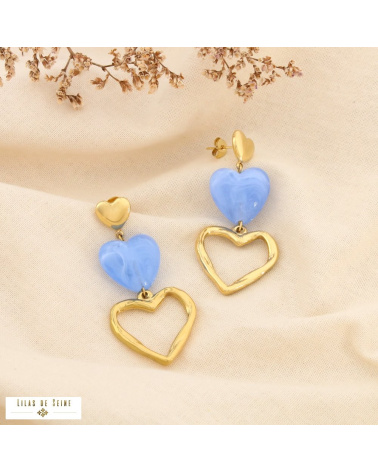 Boucles d’oreilles pendantes acier inoxydable trois cœurs cascade résine ANISSA bleu ciel