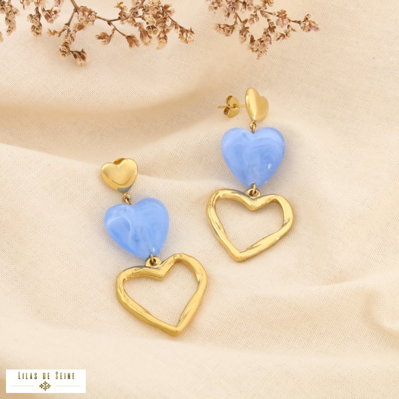Boucles d’oreilles pendantes acier inoxydable trois cœurs cascade résine ANISSA bleu ciel