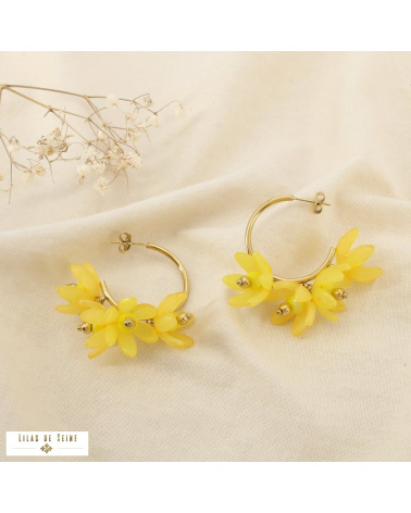 Demi-créoles acier inoxydable fleurs résine marbrée MAHAUT jaune