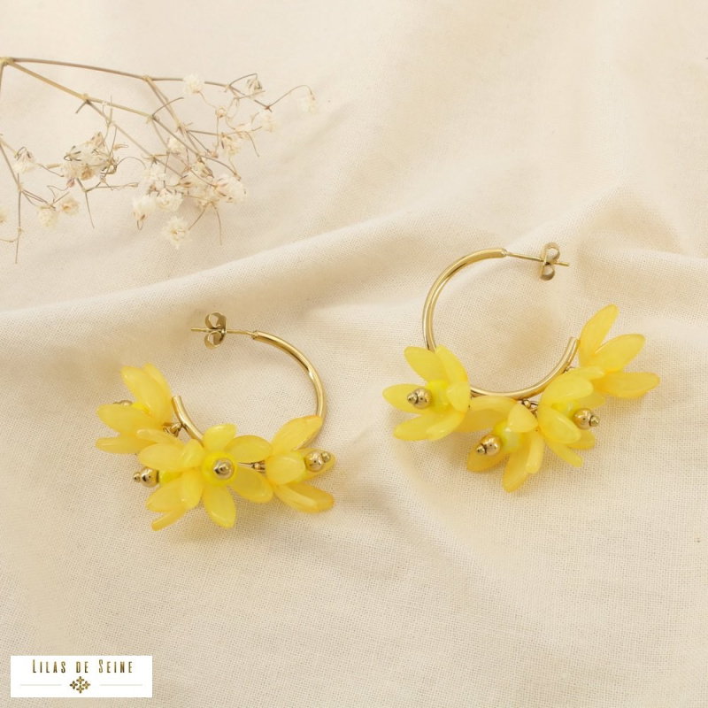 Demi-créoles acier inoxydable fleurs résine marbrée MAHAUT jaune