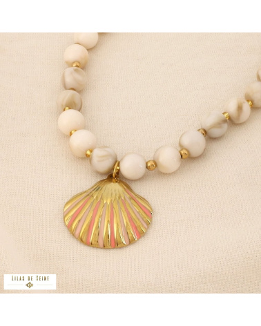 Collier acier inoxydable coquille Saint-Jacques billes résine ALYSSA naturel/beige