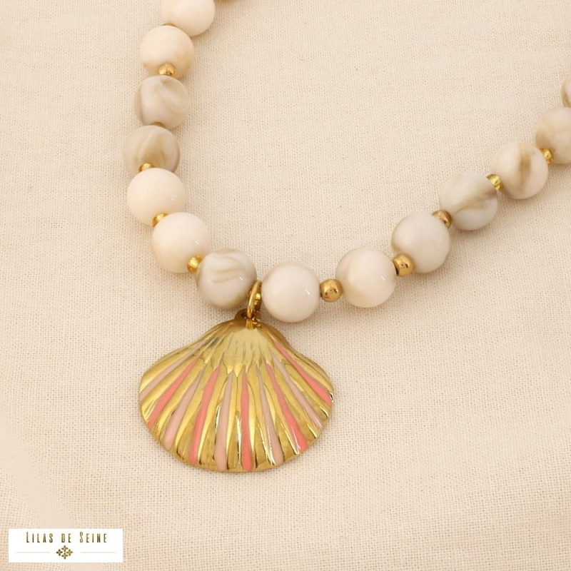 Collier acier inoxydable coquille Saint-Jacques billes résine ALYSSA naturel/beige