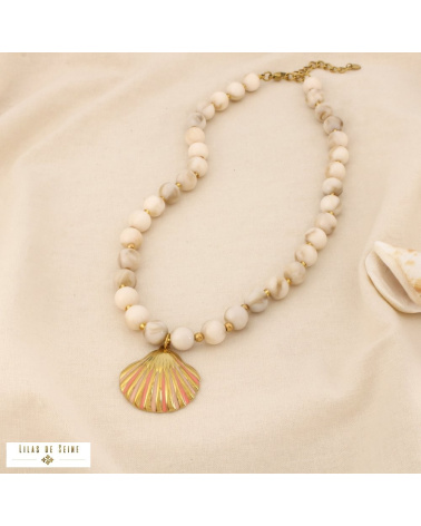 Collier acier inoxydable coquille Saint-Jacques billes résine ALYSSA naturel/beige
