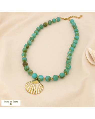 Collier acier inoxydable coquille Saint-Jacques billes résine ALYSSA bleu turquoise
