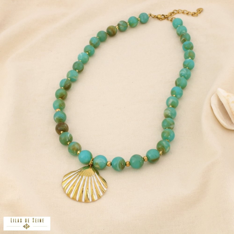Collier acier inoxydable coquille Saint-Jacques billes résine ALYSSA bleu turquoise