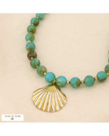Collier acier inoxydable coquille Saint-Jacques billes résine ALYSSA bleu turquoise