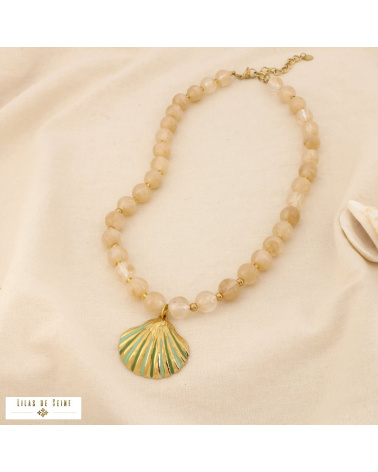 Collier acier inoxydable coquille Saint-Jacques billes résine ALYSSA taupe