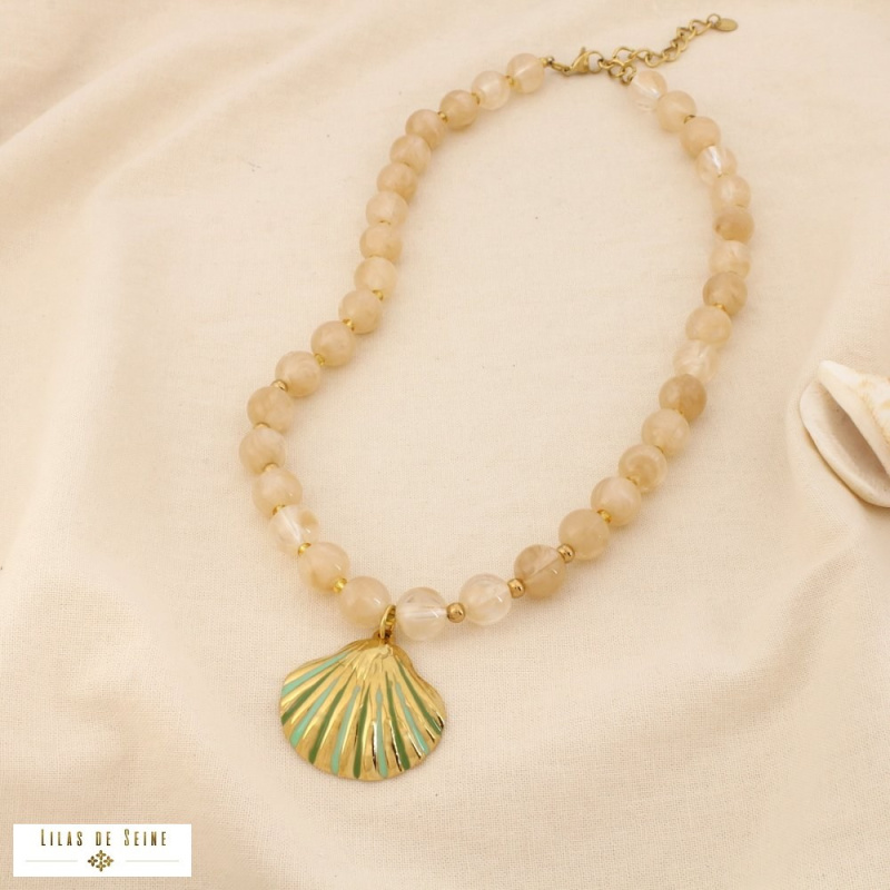Collier acier inoxydable coquille Saint-Jacques billes résine ALYSSA taupe