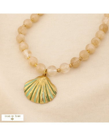 Collier acier inoxydable coquille Saint-Jacques billes résine ALYSSA taupe