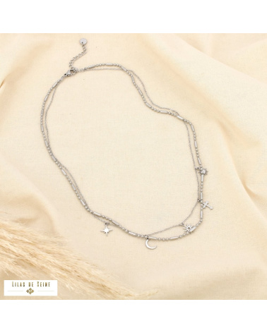 Collier double-rangs layering acier inoxydable breloques mystiques DOMITILLE argenté