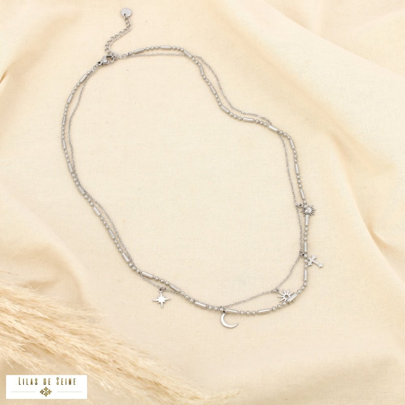 Collier double-rangs layering acier inoxydable breloques mystiques DOMITILLE argenté