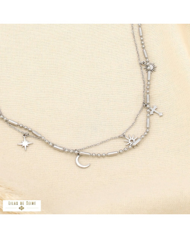 Collier double-rangs layering acier inoxydable breloques mystiques DOMITILLE argenté