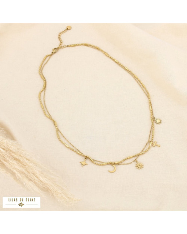 Collier double-rangs layering acier inoxydable breloques mystiques DOMITILLE doré