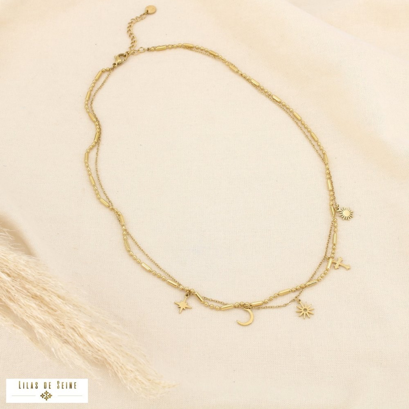 Collier double-rangs layering acier inoxydable breloques mystiques DOMITILLE doré
