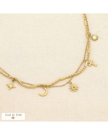 Collier double-rangs layering acier inoxydable breloques mystiques DOMITILLE doré