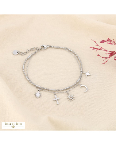 Bracelet double-rangs layering acier inoxydable breloques mystiques DOMITILLE argenté