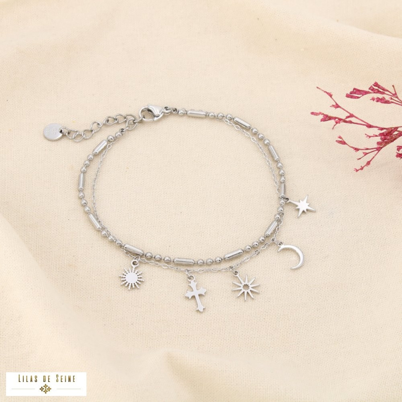 Bracelet double-rangs layering acier inoxydable breloques mystiques DOMITILLE argenté