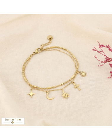 Bracelet double-rangs layering acier inoxydable breloques mystiques DOMITILLE doré