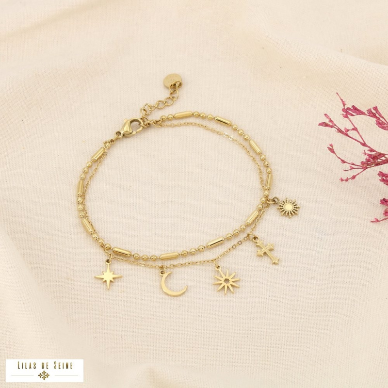 Bracelet double-rangs layering acier inoxydable breloques mystiques DOMITILLE doré