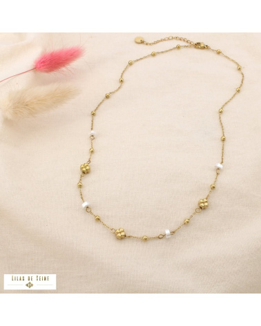 Collier acier inoxydable trèfles rondelles nacrées VANESSA doré