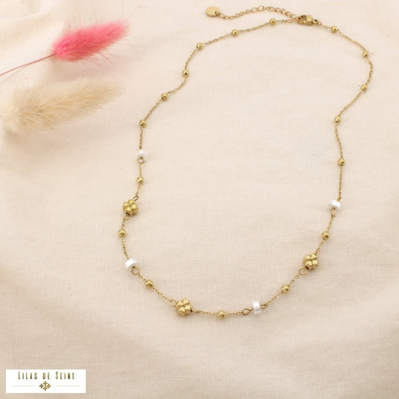 Collier acier inoxydable trèfles rondelles nacrées VANESSA doré