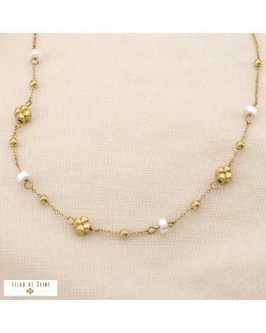 Collier acier inoxydable trèfles rondelles nacrées VANESSA doré