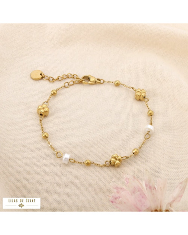 Bracelet acier inoxydable trèfles rondelles nacrées VANESSA doré