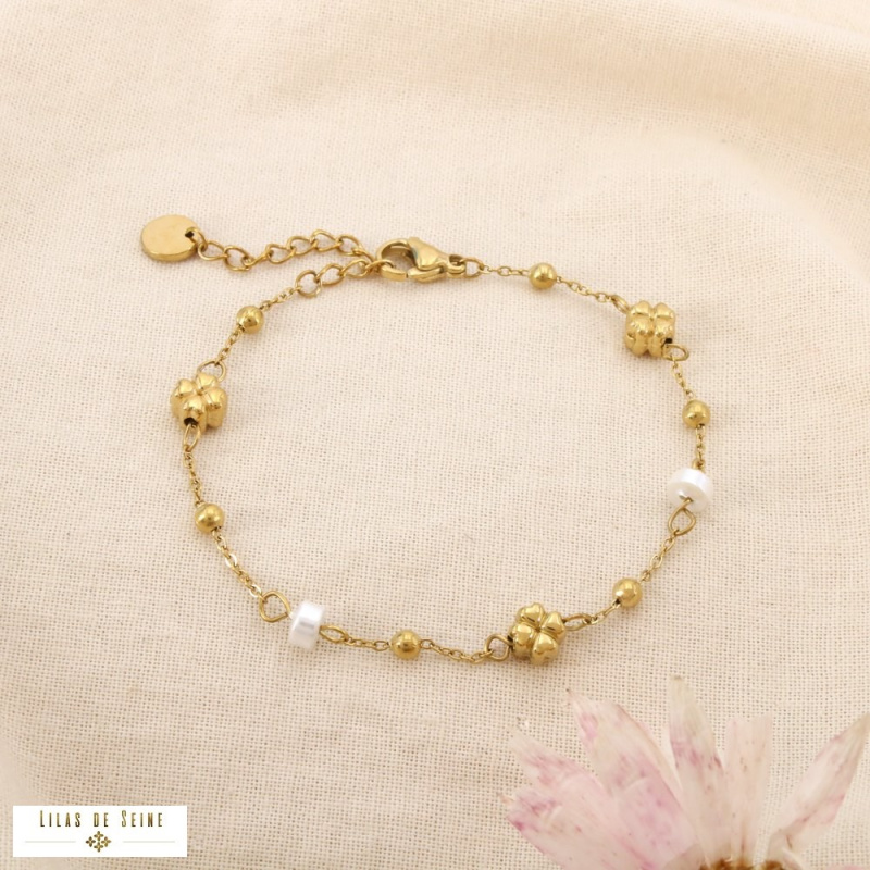 Bracelet acier inoxydable trèfles rondelles nacrées VANESSA doré