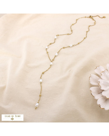 Collier Y acier inoxydable perles nacrées PIA doré