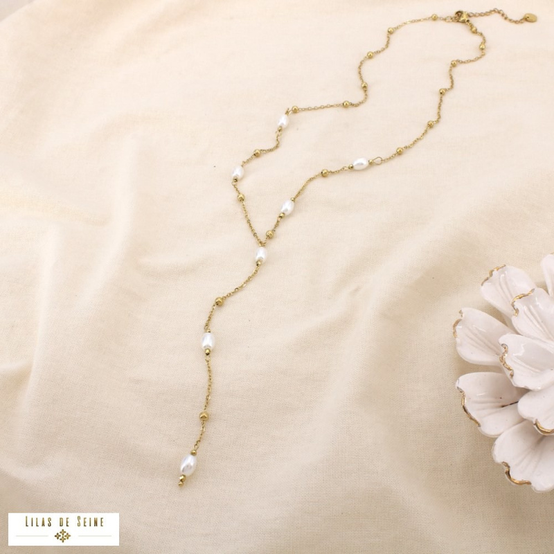 Collier Y acier inoxydable perles nacrées PIA doré