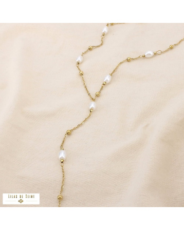 Collier Y acier inoxydable perles nacrées PIA doré