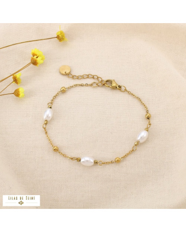 Bracelet acier inoxydable perles nacrées PIA doré