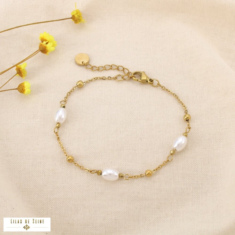 Bracelet acier inoxydable perles nacrées PIA doré