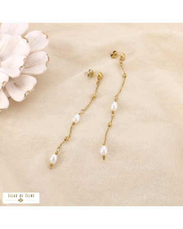 Boucles d’oreilles pendantes acier inoxydable perles nacrées PIA doré