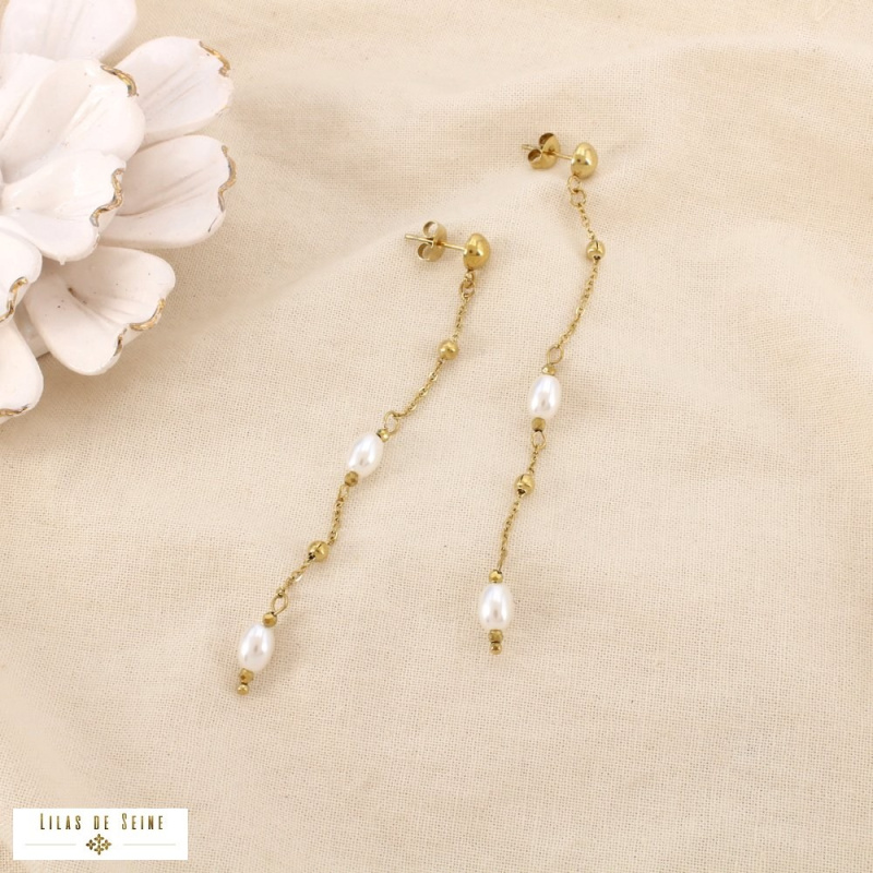 Boucles d’oreilles pendantes acier inoxydable perles nacrées PIA doré
